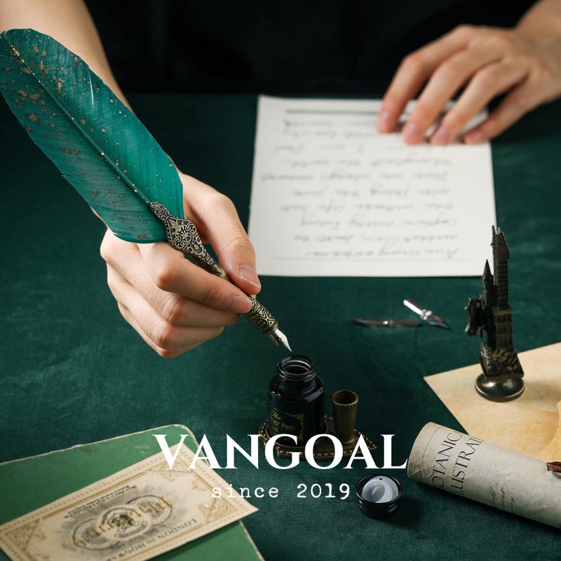VANGOAL Vintage Green Feather Pen and Ink Set, Classic Series Goose Quill Pen with Carving Pen Stand, Calligraphy Pen Nibs, Black Dip Pen Ink, Antique Writing Gift for Writer - Image 5
