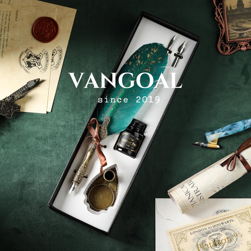 VANGOAL Vintage Green Feather Pen and Ink Set, Classic Series Goose Quill Pen with Carving Pen Stand, Calligraphy Pen Nibs, Black Dip Pen Ink, Antique Writing Gift for Writer - Image 3