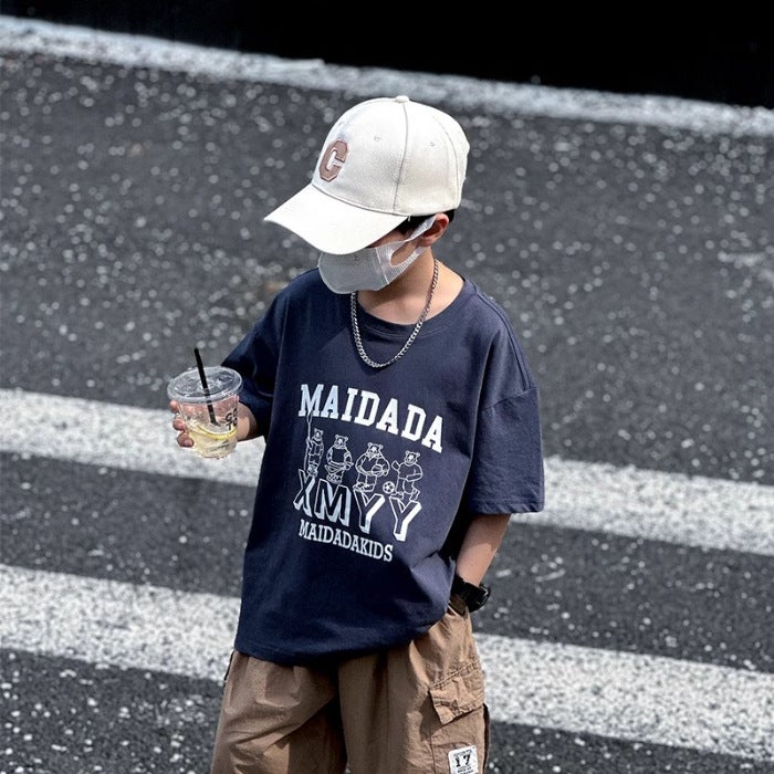 Cartoon Heavyweight Pure Cotton Short-Sleeve T-Shirt For Older Children, Summer Trendy Brand Boys' Loose Half-Sleeve Top, 2026 New Model - Image 1