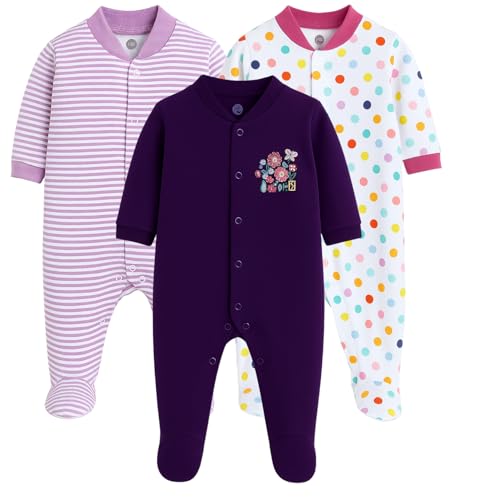 EIO® 100% Cotton Rompers Sleepsuits Jumpsuit Night Suits for Infants Newborn Baby Boys & Girls Pack of 3(0-3 Months, Purple) - Image 1