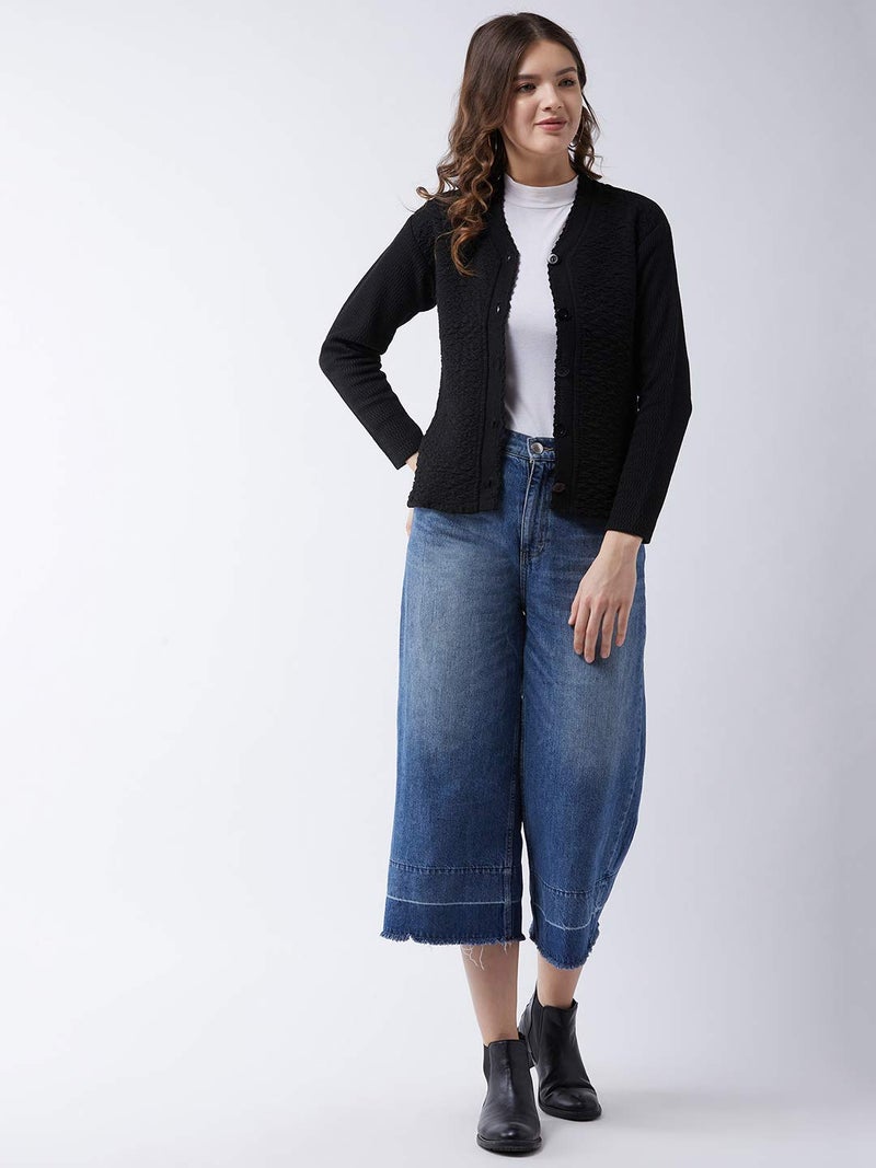 Pivl Self Design V Neck Casual Women Sweater/Cardigan for Winter (X-Large, Black) - Image 2