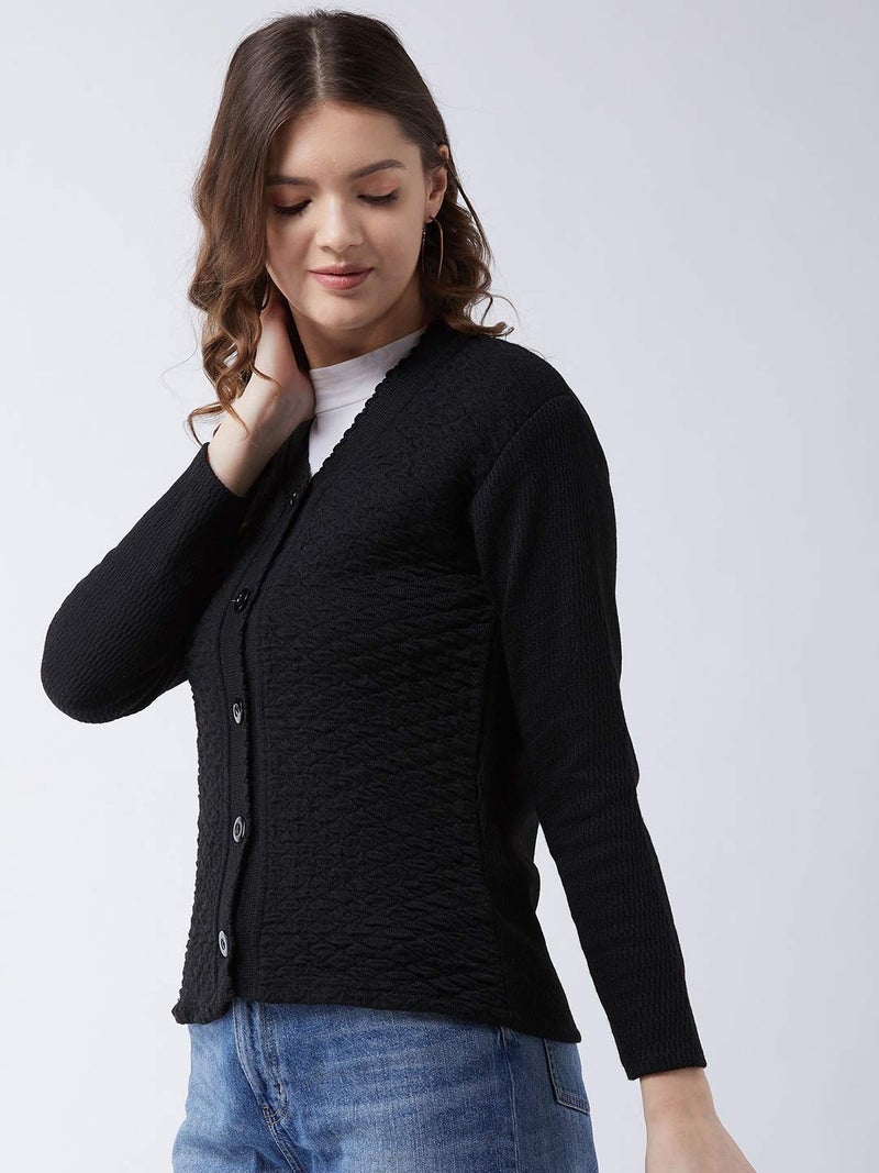 Pivl Self Design V Neck Casual Women Sweater/Cardigan for Winter (X-Large, Black) - Image 3