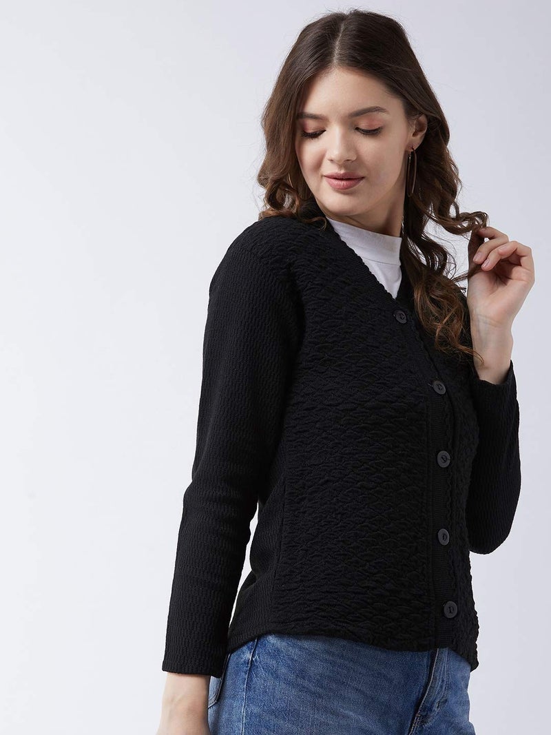 Pivl Self Design V Neck Casual Women Sweater/Cardigan for Winter (X-Large, Black) - Image 4