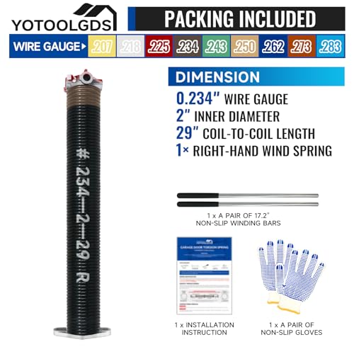 YoToolGDS Right Hand Wind（Red Cone）2" Garage Door Torsion Spring with Non-Slip Winding Bars & Gloves, High Precision Electrophoresis Black Coated, for Replacement, MIN 16,000 Cycles (0.234x2''x29'') - Image 2