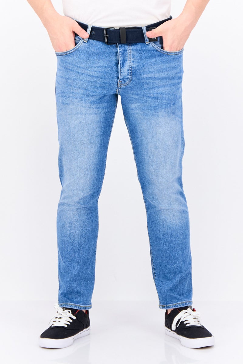 CROSSHATCH Men Regular Fit Belted Wash Stretchable Denim, Blue - Image 1