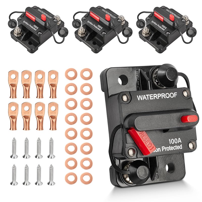 RED WOLF 4 Pack 100Amp Circuit Breaker Manual Reset Switch w6 AWG 14 Battery Wire Lug Ring Terminal for Car Stereo Solar Power Systems Automotive ATV Marine Boat Trolling Motor Waterproof 1248V DC