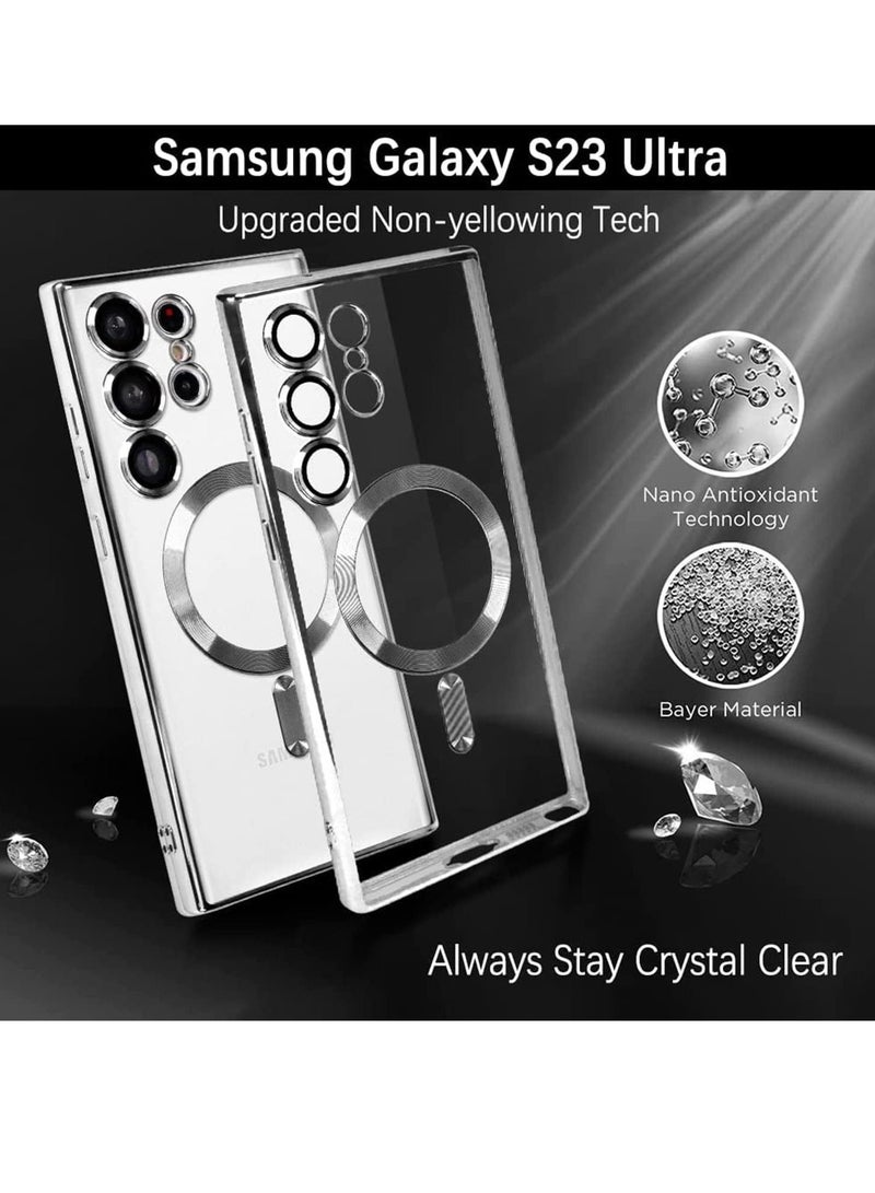 إلترازون Magnetic Clear Case for Samsung Galaxy S23 Ultra 5G with Camera Lens Protector, Compatible with MagSafe, Electroplated Slim Shockproof Phone Protective Cover for Women Men (Silver) - Image 2
