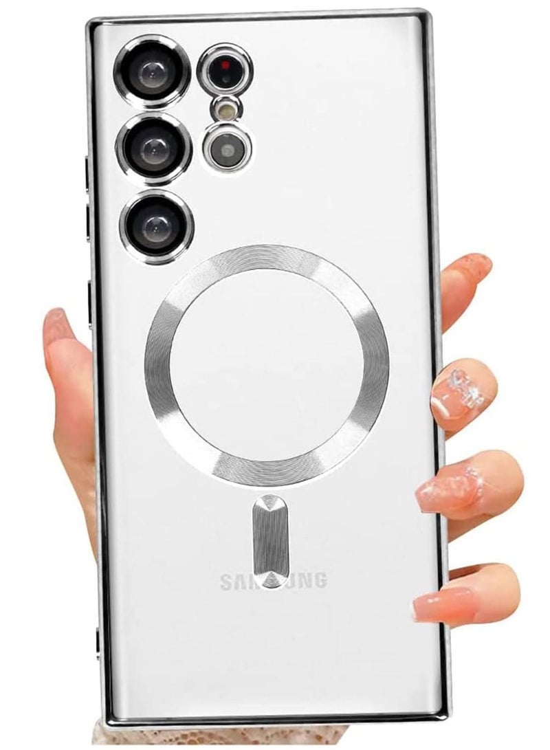 إلترازون Magnetic Clear Case for Samsung Galaxy S23 Ultra 5G with Camera Lens Protector, Compatible with MagSafe, Electroplated Slim Shockproof Phone Protective Cover for Women Men (Silver) - Image 1