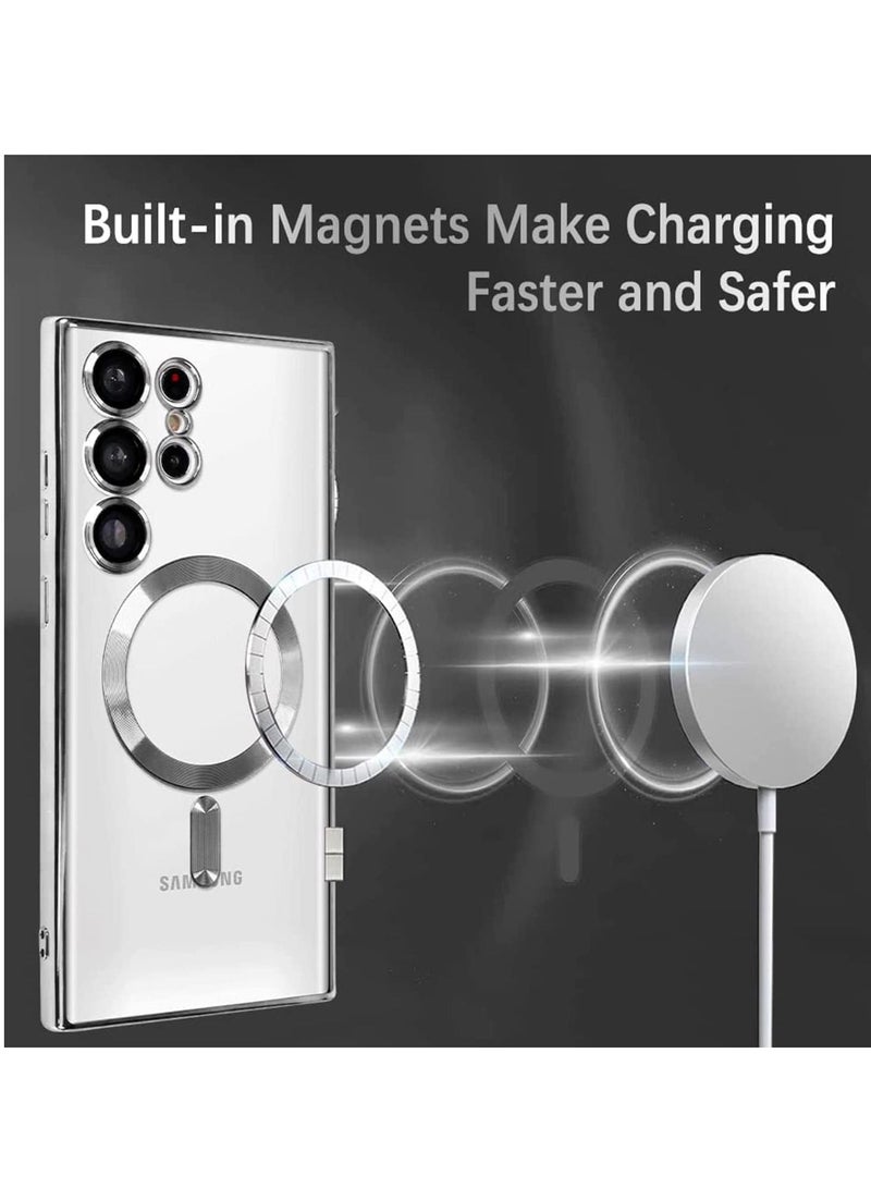 إلترازون Magnetic Clear Case for Samsung Galaxy S23 Ultra 5G with Camera Lens Protector, Compatible with MagSafe, Electroplated Slim Shockproof Phone Protective Cover for Women Men (Silver) - Image 4