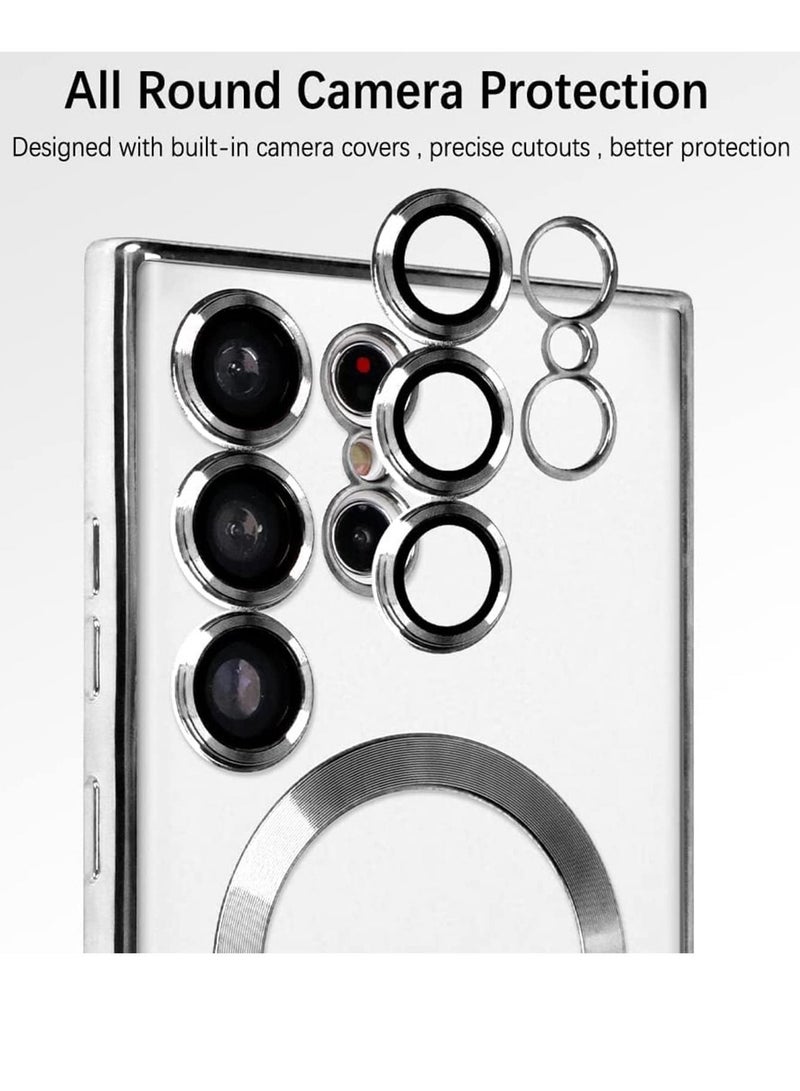 إلترازون Magnetic Clear Case for Samsung Galaxy S23 Ultra 5G with Camera Lens Protector, Compatible with MagSafe, Electroplated Slim Shockproof Phone Protective Cover for Women Men (Silver) - Image 3