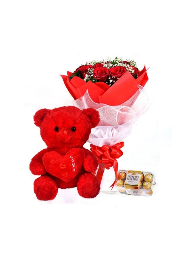 Dozen Red Roses Bouquet, 16 Ferraro Rocher Chocolates And Teddy Bear