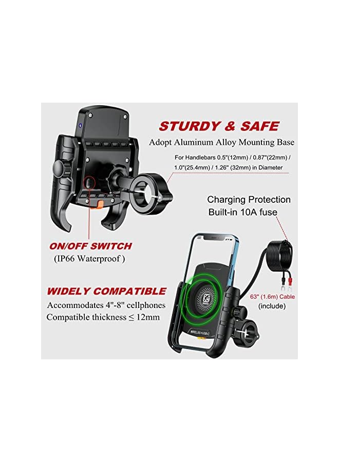 PROMASS Motorcycle Phone Mount with Qi 15W Wireless Charger & USB C 20W Fast Charging Port,Anti-Slip Aluminum Alloy Mounting Base IP66 Waterproof Handlebar Cell Phone Holder for 4"-8" Cellphone  - Image 5