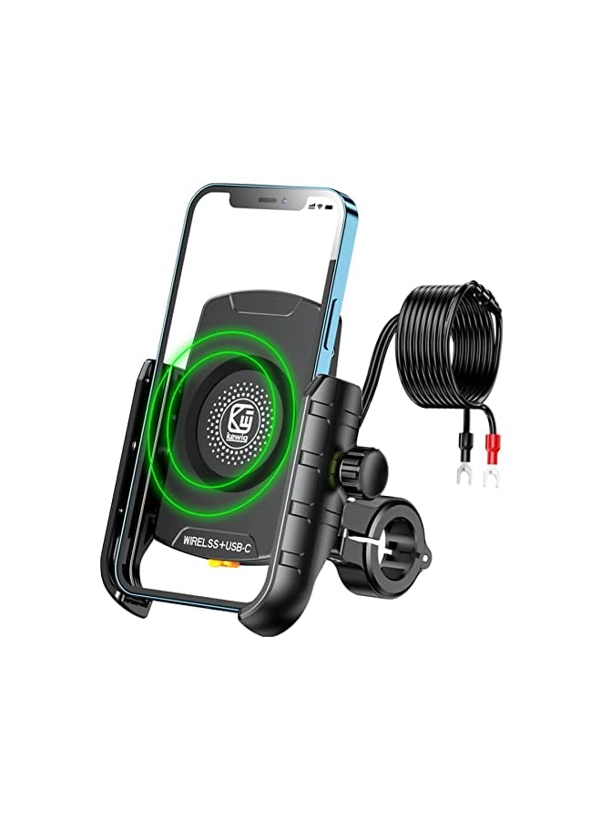 PROMASS Motorcycle Phone Mount with Qi 15W Wireless Charger & USB C 20W Fast Charging Port,Anti-Slip Aluminum Alloy Mounting Base IP66 Waterproof Handlebar Cell Phone Holder for 4"-8" Cellphone  - Image 2