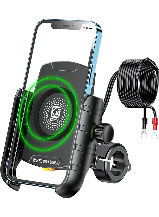 PROMASS Motorcycle Phone Mount with Qi 15W Wireless Charger & USB C 20W Fast Charging Port,Anti-Slip Aluminum Alloy Mounting Base IP66 Waterproof Handlebar Cell Phone Holder for 4"-8" Cellphone  - Image 1