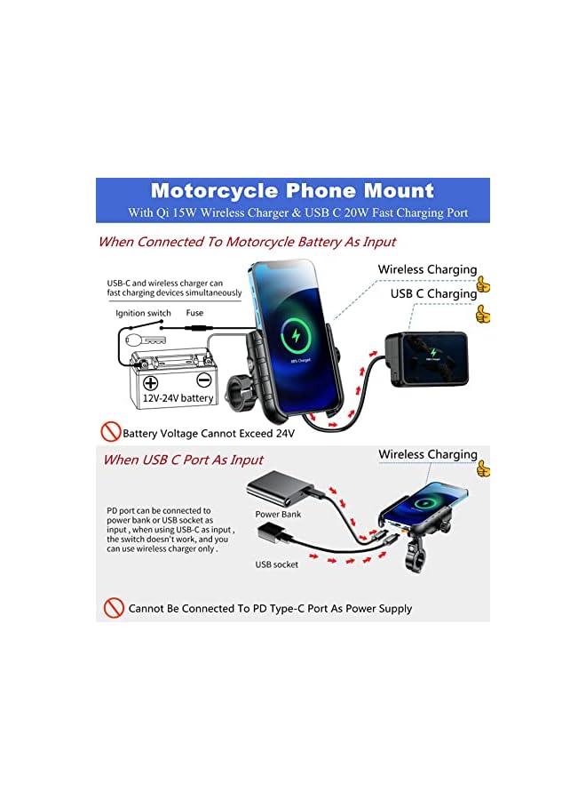 PROMASS Motorcycle Phone Mount with Qi 15W Wireless Charger & USB C 20W Fast Charging Port,Anti-Slip Aluminum Alloy Mounting Base IP66 Waterproof Handlebar Cell Phone Holder for 4"-8" Cellphone  - Image 3