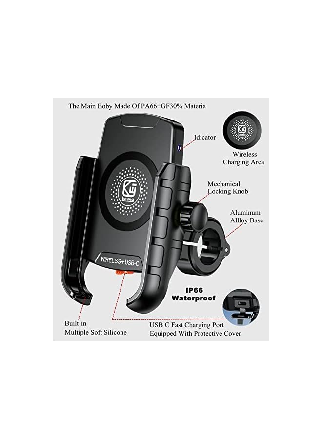 PROMASS Motorcycle Phone Mount with Qi 15W Wireless Charger & USB C 20W Fast Charging Port,Anti-Slip Aluminum Alloy Mounting Base IP66 Waterproof Handlebar Cell Phone Holder for 4"-8" Cellphone  - Image 4