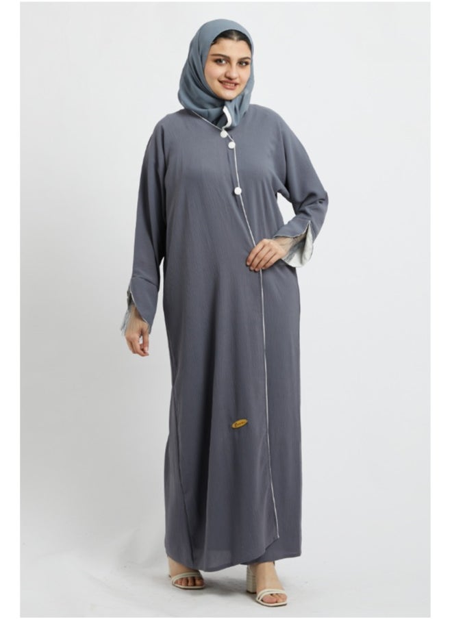 Evva Evva Luxury Grey Saudi Abaya for Women – Elegant Open Front Modest Wear in Premium Fabric – Ideal for Ramadan, Eid, and Everyday Elegance 