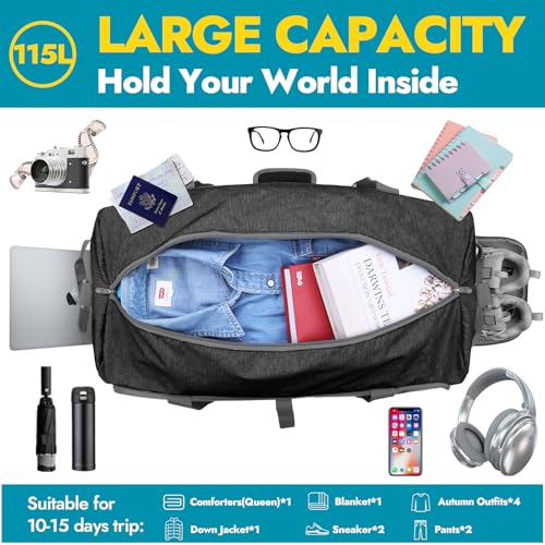 Canway 115L Travel Duffel Bag, Foldable Weekender Bag with Shoes Compartment for Men Women Water-proof & Tear Resistant (Panther Black, 115L) - Image 3