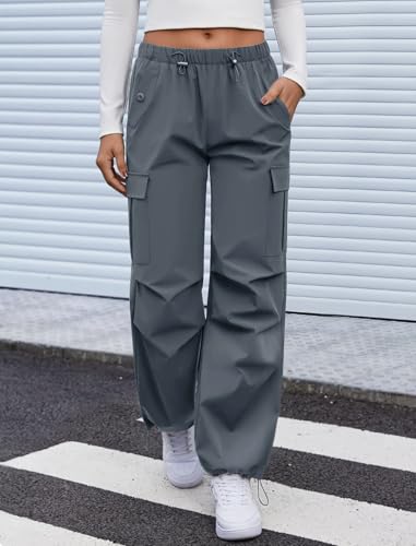COPYLEAF Cargo Pants Women Elastic Waisted Parachute Hiking Pants with Pockets Water Resistant Lightweight Baggy Pants(Grey XXL) - Image 2