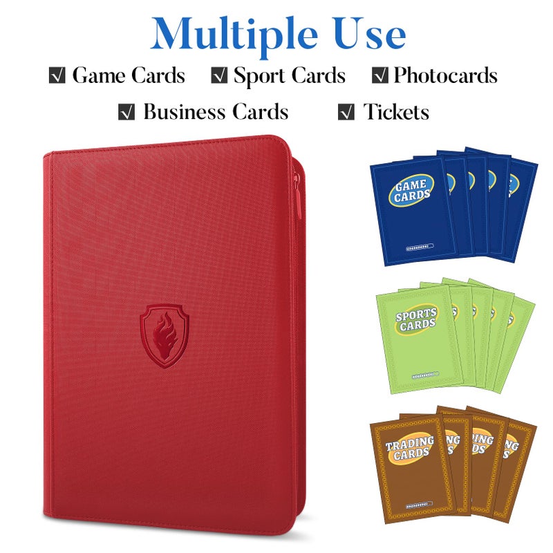 Fabmaker Premium Zip Card Binder, Fabmaker 9 Pocket Trading Card Binder, PU Cover Zipper Card Collection Album, Sturdy 360 Side-Loading Card Folder Holder for Game & Sports Cards, Red - Image 3