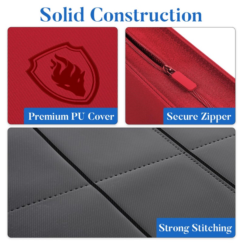 Fabmaker Premium Zip Card Binder, Fabmaker 9 Pocket Trading Card Binder, PU Cover Zipper Card Collection Album, Sturdy 360 Side-Loading Card Folder Holder for Game & Sports Cards, Red - Image 2