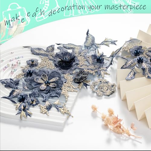 Silvora Colorful Flower Fabric Beaded Lace Applique,3D Embroidered Flower Fabric Patch for Bridal Dress, Handmade Sewing Tool for Wedding DIY Crafts(Blue-3) - Image 4