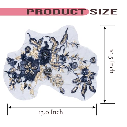 Silvora Colorful Flower Fabric Beaded Lace Applique,3D Embroidered Flower Fabric Patch for Bridal Dress, Handmade Sewing Tool for Wedding DIY Crafts(Blue-3) - Image 2