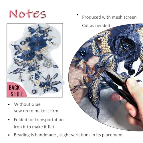 Silvora Colorful Flower Fabric Beaded Lace Applique,3D Embroidered Flower Fabric Patch for Bridal Dress, Handmade Sewing Tool for Wedding DIY Crafts(Blue-3) - Image 5