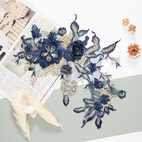 Silvora Colorful Flower Fabric Beaded Lace Applique,3D Embroidered Flower Fabric Patch for Bridal Dress, Handmade Sewing Tool for Wedding DIY Crafts(Blue-3) - Image 3