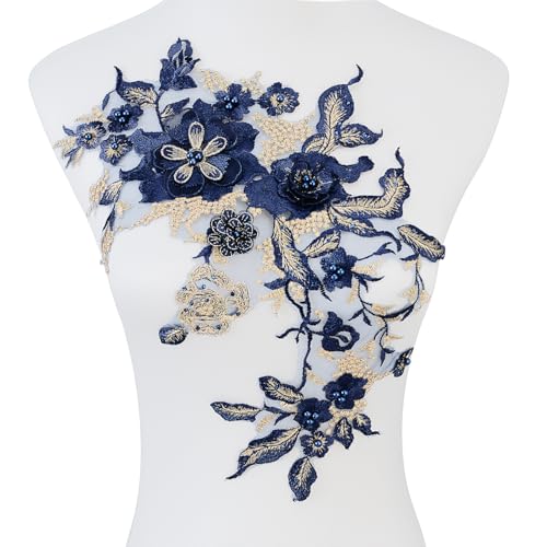 Silvora Colorful Flower Fabric Beaded Lace Applique,3D Embroidered Flower Fabric Patch for Bridal Dress, Handmade Sewing Tool for Wedding DIY Crafts(Blue-3) - Image 1