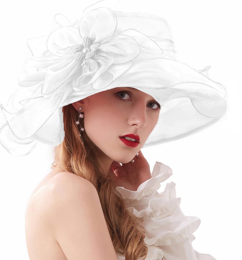 ORIDOOR Womenâ€™s Organza Church Tea Party Wedding Fascinator Derby Hat Wide Brim Sun Hats (C Pure White) â€¦ - Image 3