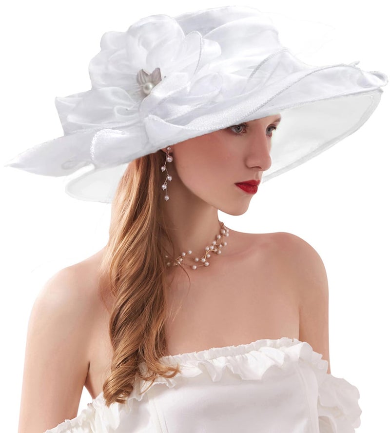 ORIDOOR Womenâ€™s Organza Church Tea Party Wedding Fascinator Derby Hat Wide Brim Sun Hats (C Pure White) â€¦ - Image 1