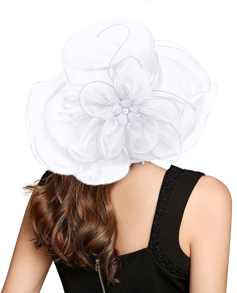 ORIDOOR Womenâ€™s Organza Church Tea Party Wedding Fascinator Derby Hat Wide Brim Sun Hats (C Pure White) â€¦ - Image 4