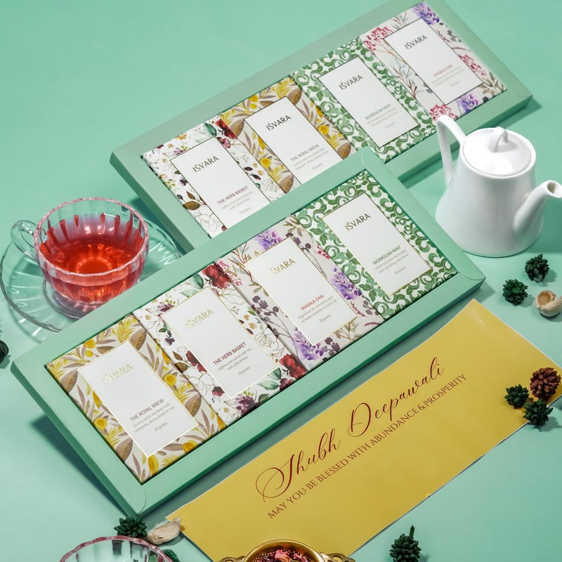 ISVARA Tea Gift - Tea Medley Gift Set, Set of 4 Unique Teas |The Herb Basket 10g |The Royal Brew 15g | Masala Chai 20 g| Moroccan Mint 10g | 55G - Image 1