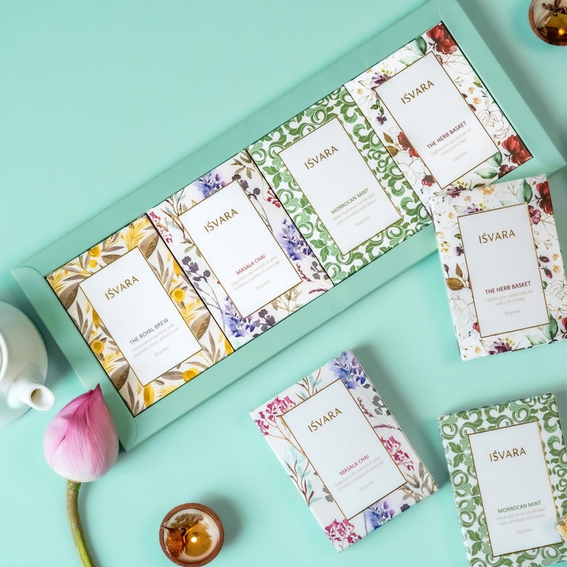 ISVARA Tea Gift - Tea Medley Gift Set, Set of 4 Unique Teas |The Herb Basket 10g |The Royal Brew 15g | Masala Chai 20 g| Moroccan Mint 10g | 55G - Image 4