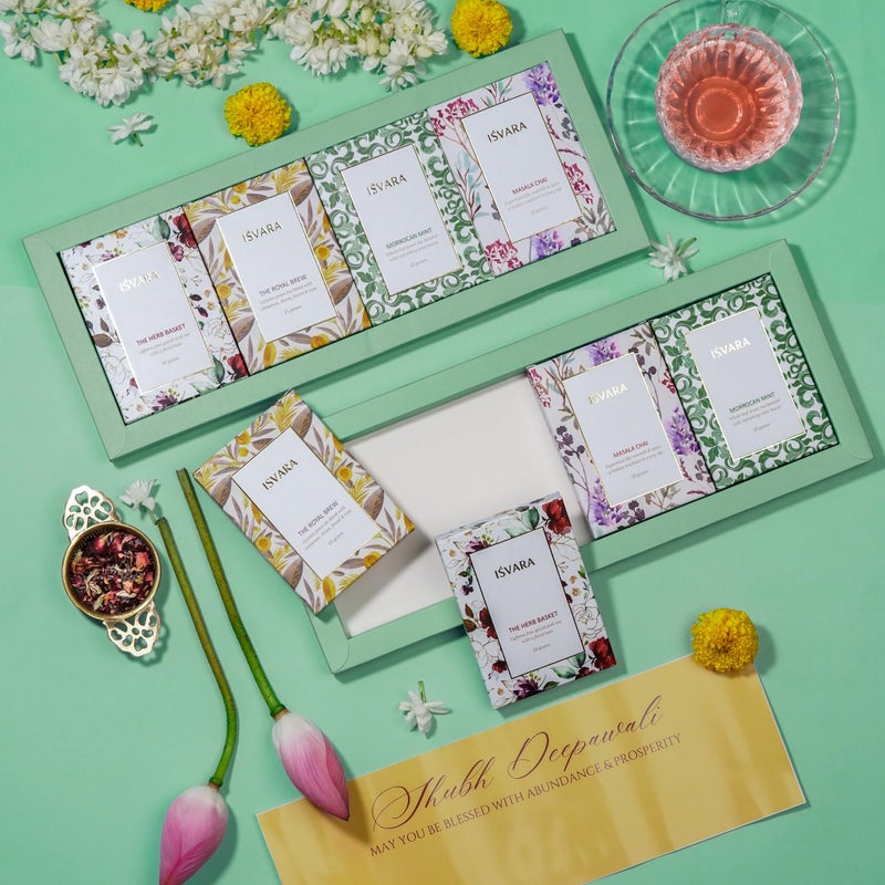 ISVARA Tea Gift - Tea Medley Gift Set, Set of 4 Unique Teas |The Herb Basket 10g |The Royal Brew 15g | Masala Chai 20 g| Moroccan Mint 10g | 55G - Image 3