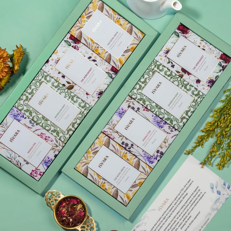 ISVARA Tea Gift - Tea Medley Gift Set, Set of 4 Unique Teas |The Herb Basket 10g |The Royal Brew 15g | Masala Chai 20 g| Moroccan Mint 10g | 55G - Image 2