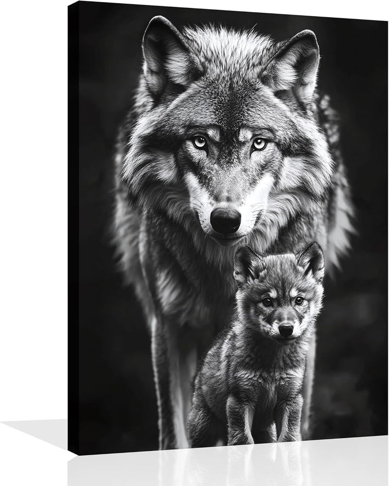 اي ار اس لوحة جدارية قماشية من ARS بتصميم ذئب أبيض وأسود، مقاس 12 × 16 بوصة، مناسبة للمكاتب وغرف المعيشة وغرف النوم، كهدية. - Image 1
