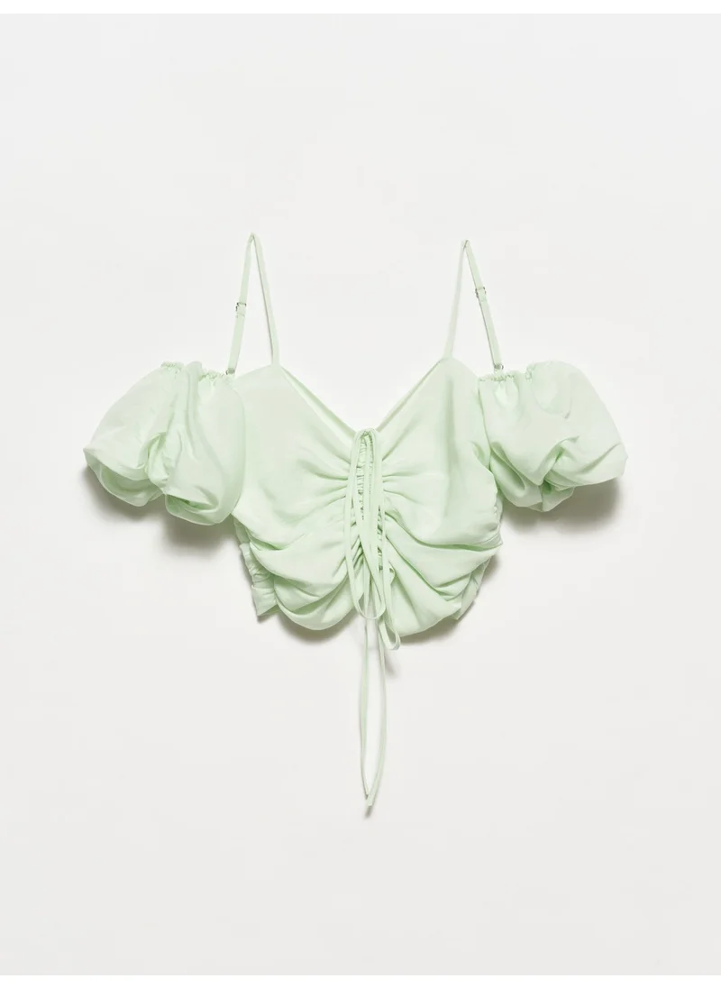 Dilvin 50154 Balloon Sleeve Crop Top-Mint