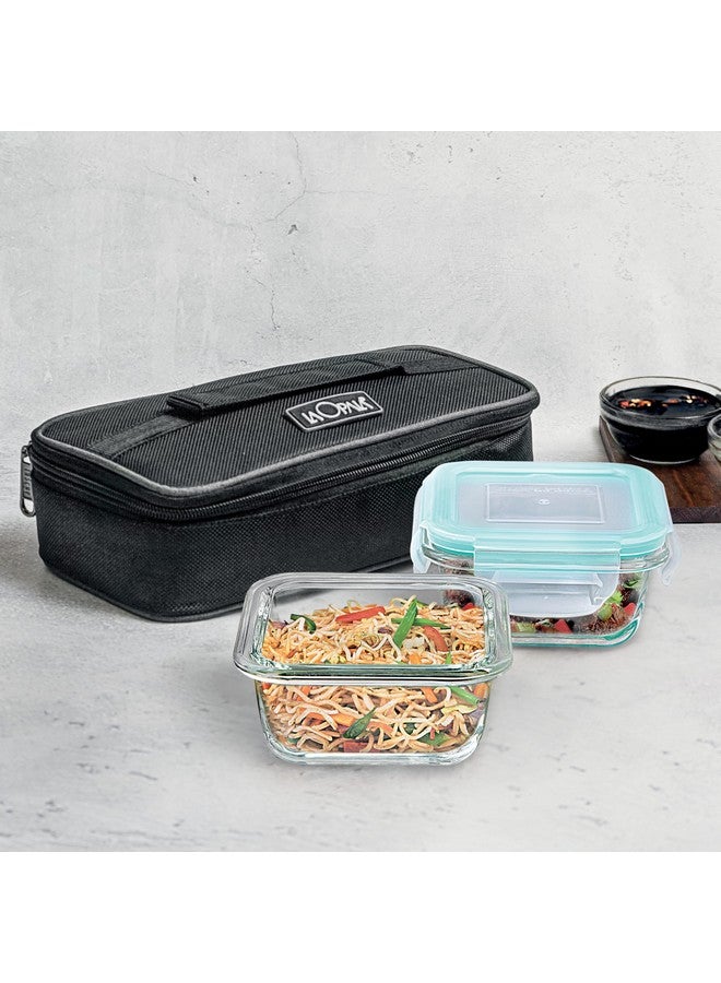 La Opala Cook Serve Store 100% Borosilicate Glass Horizontal Lunch Box with Bag | Set of 2, 320 ml Each, Square | with Leak Proof Snap Lid | Tiffin for Office & College | Microwave Proof, Transparent - Image 1