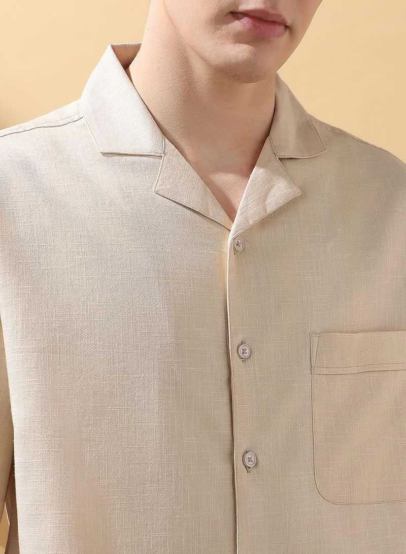 Dennis Lingo Men's Beige Cotton Blend Textured Button Down Relaxed Shirt