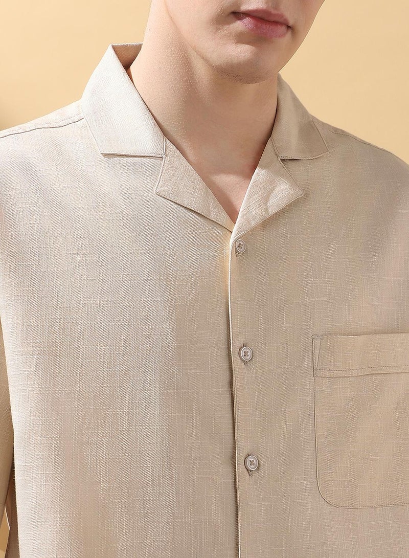 Dennis Lingo Men's Beige Cotton Blend Textured Button Down Relaxed Shirt  - Image 5