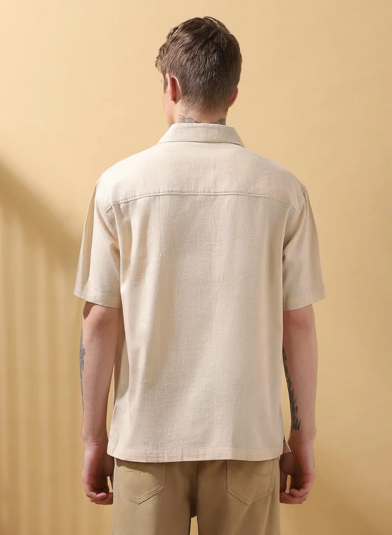 Dennis Lingo Men's Beige Cotton Blend Textured Button Down Relaxed Shirt