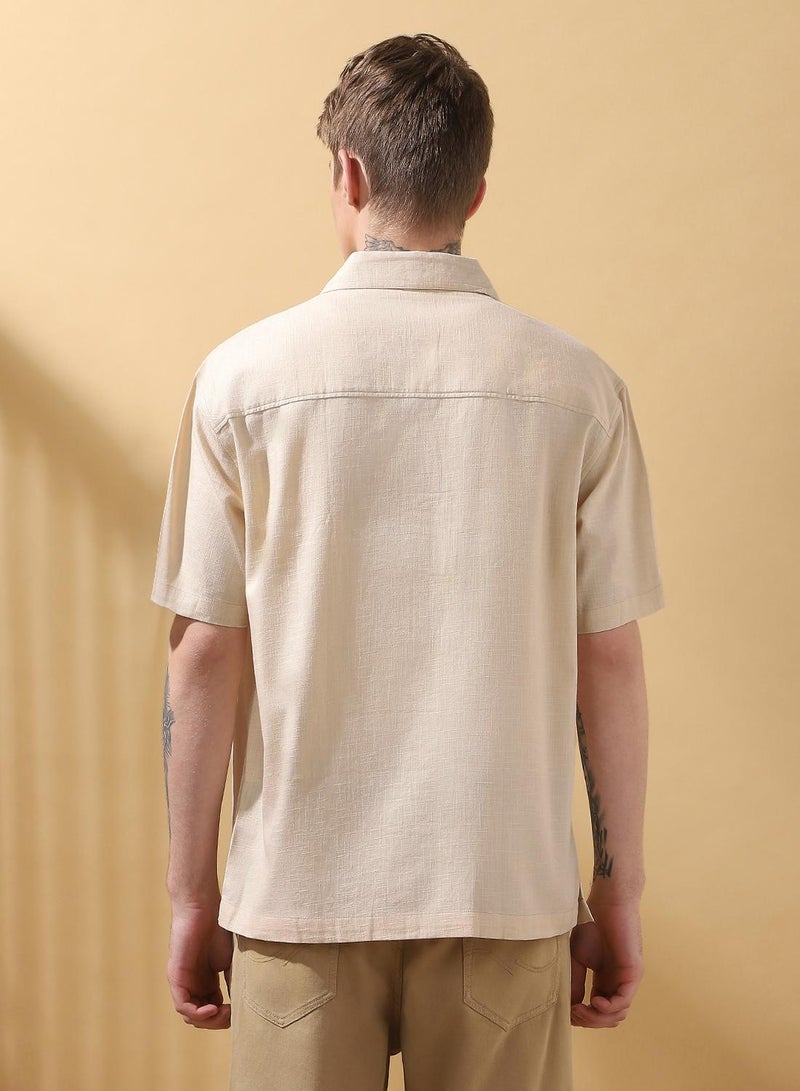 Dennis Lingo Men's Beige Cotton Blend Textured Button Down Relaxed Shirt  - Image 3
