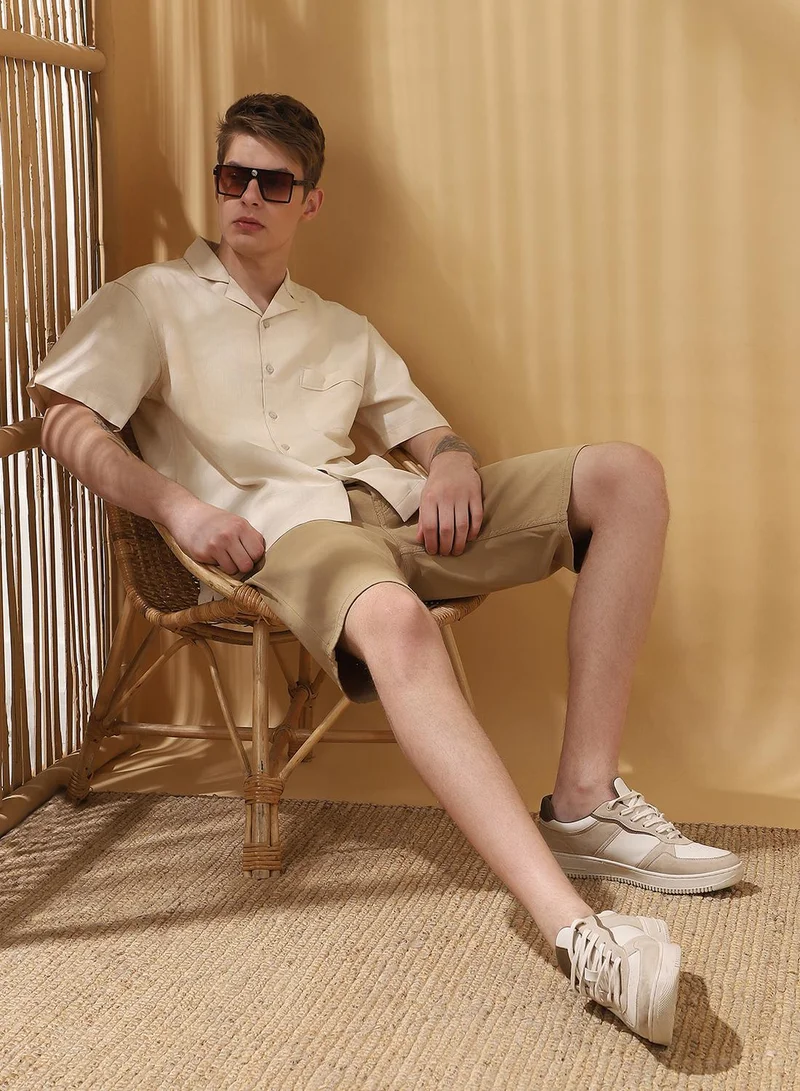 Dennis Lingo Men's Beige Cotton Blend Textured Button Down Relaxed Shirt