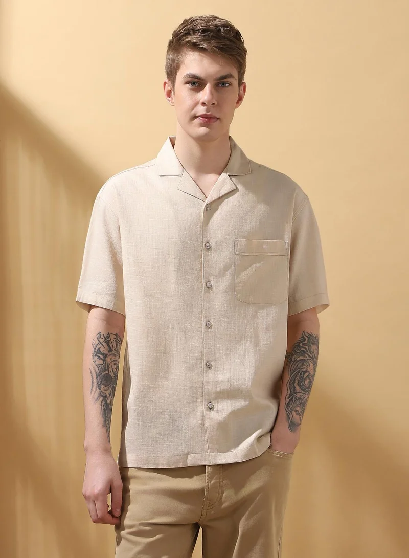 Dennis Lingo Men's Beige Cotton Blend Textured Button Down Relaxed Shirt