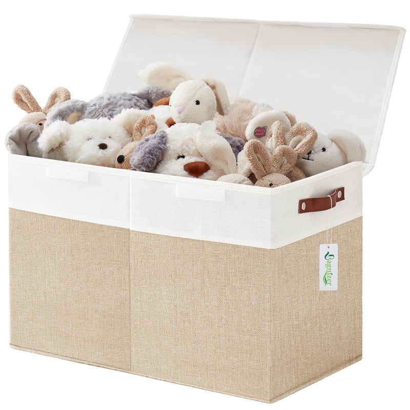 Bagnizer Bagnizer Large Toy Storage Box with Lids Collapsible Sturdy Baby Storage Organizer Chest Bin Basket for Kids Boys Girls Playroom Nursery Bedroom Closet 25x13x16 Beige and White