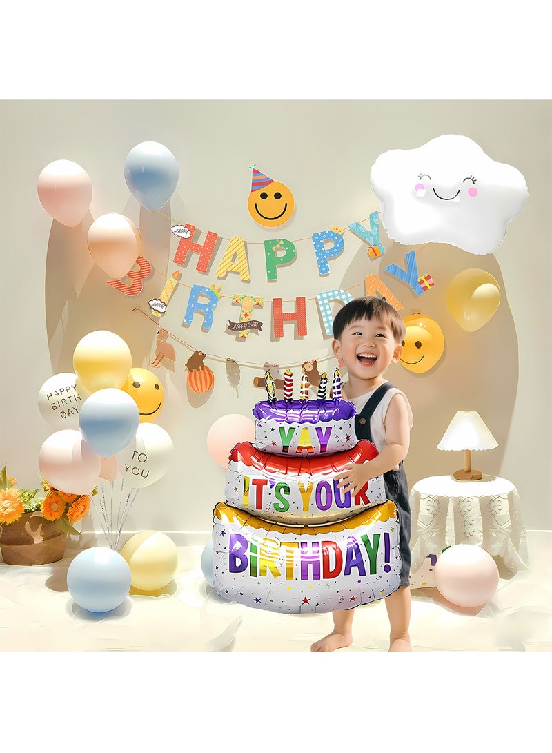 Aurafly Children's Birthday Party Decoration Balloon Set, Including Happy Birthday Flag Banner, Foil Balloons, Smiley Face Balloons, Traceless Glue and Ribbon, Birthday Party Decorations and Supplies - Image 2