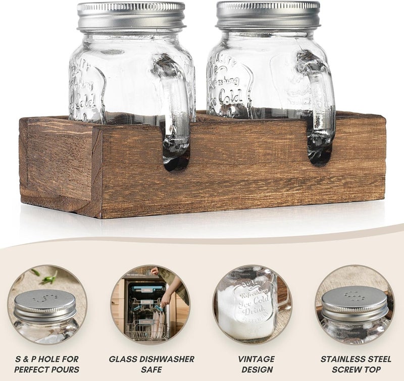 MosJos Mason Jar Salt and Pepper Shakers - Vintage Glass Condiment Dispenser Set with Wooden Holder Caddy - Farmhouse Kitchen Decor, Easy Refill 5-ounce Capacity with Stainless Steel Lids - Image 4