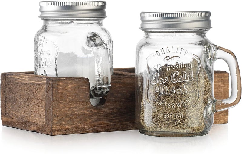 MosJos Mason Jar Salt and Pepper Shakers - Vintage Glass Condiment Dispenser Set with Wooden Holder Caddy - Farmhouse Kitchen Decor, Easy Refill 5-ounce Capacity with Stainless Steel Lids - Image 1